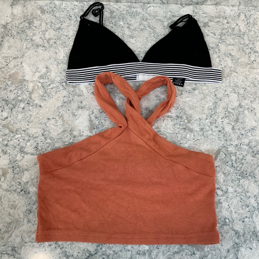 POL Crop Top Bralette Set S Orange Black Halter Ribbed Striped YKT349 BWT192